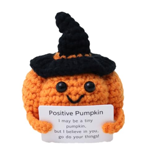 Fycakly Halloween Lustige Positive Leben Kürbis Gestrickte Tier Halten Karte Gehäkelt Ostern Geburtstag Weihnachten Mädchen Party ​​ Plüschtier Hund Katze​​ (Orange, 7X7X9cm) von Fycakly