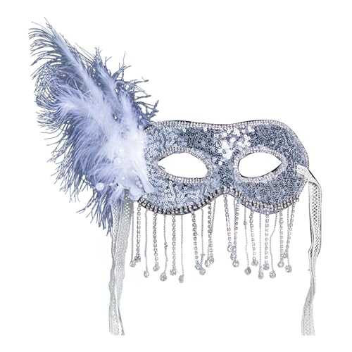 Fycakly Halloween Masken Maskerade Pailletten Augenmaske Kostüm Halbgesicht mit Feder (Grey, 25x15x6cm) von Fycakly