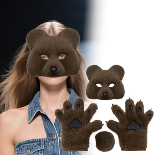 Fycakly Halloween Totenkopf Maske Schleier Halloween-Kostümset mit realistischen Bärenhandschuhen, Schwanz für Cosplay-Anime-Conventions Kostümpartys (Coffee, 25x8cm) von Fycakly