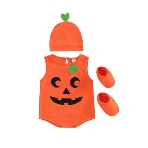 Fycakly Halloweenkostüme Kinder Neugeborenes Baby Mädchen Jungen Halloween Kostüme Ärmelloser Kürbis Strampler Bodysuit Hut Socken Halloween Outfits (Orange, 6-12 Months) von Fycakly