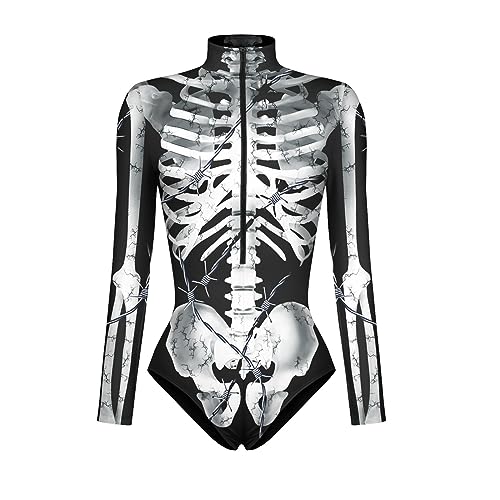 Fycakly Helloween Kostüm Damen Digital bedruckte Damen-Kleidung mit langen Ärmeln Reißverschluss, hautenge, Cosplay-Spielerkleidung von Fycakly
