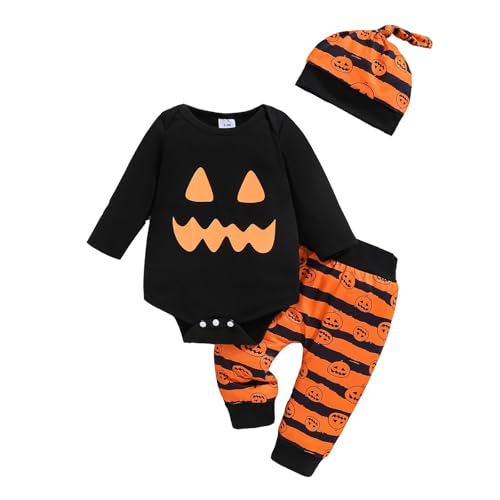 Fycakly Kostüm Kinder Gruselig Jungen Halloween Outfits Langarm Cartoon Print Kinder Kostüm Set Niedliches Gesicht Design Frühling Sommer Kleinkind Kleidung (Black, 1-3 Months) von Fycakly
