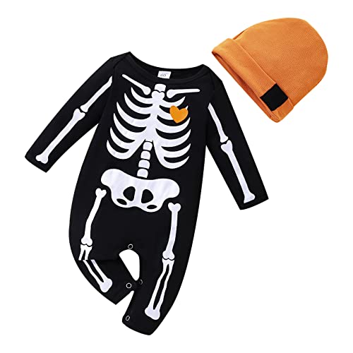 Fycakly Kostüm Kinder Halloween Kleinkind Kinder Säugling Neugeborenes Baby Jungen Mädchen Cartoon Print Langarm Strampler Overall Mit Hut Kleidung Set 2 STÜCKE Outfits (Black, 12-18 Months) von Fycakly
