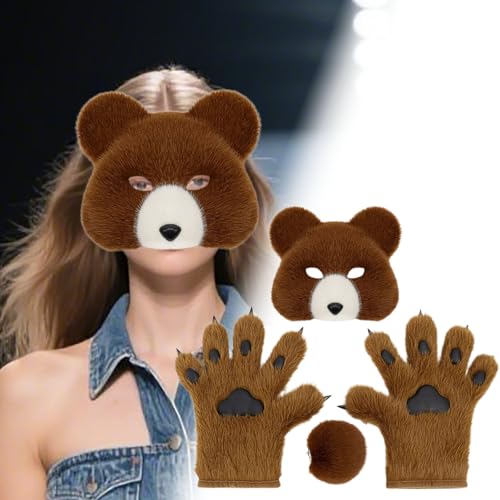 Fycakly Lustige Masken Halloween-Kostümset mit realistischen Bärenhandschuhen, Schwanz für Cosplay-Anime-Conventions Kostümpartys (Brown, 25x8cm) von Fycakly