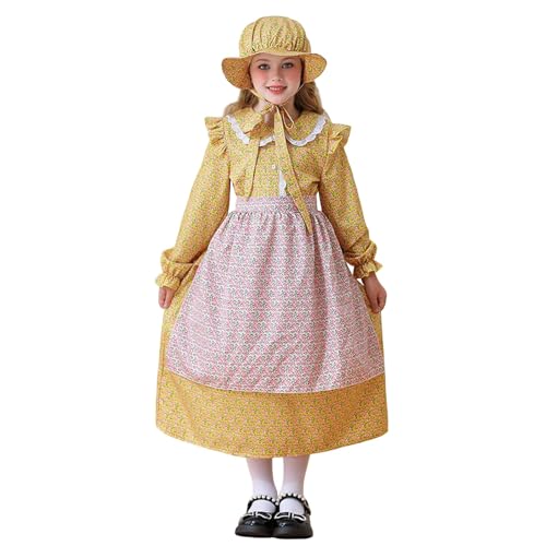 Fycakly Mädchenkostüm Präriekleid für Mädchen Europäisches Herrenhaus-Outfit Vintage-Rollenspielkleid für Oktoberfest Themenpartys ​​ Trachten Socken Kinder​​ (Yellow, 13-14 Years) von Fycakly