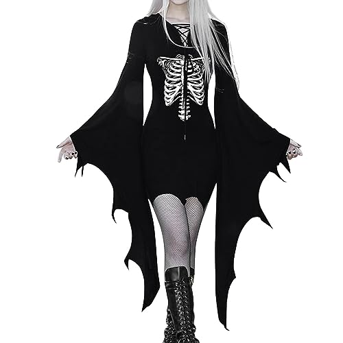 Halloween Kostü M Damen Mittelalterliches -Kleid mit ausgestellten Ärmeln für Damen, Gothic-Kleid, Cosplay-Performance-Kostümkleid von Fycakly