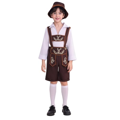 Halloween Kostüm Kinder Jungen Bayerisches Oktoberfest-Kostümset für Jungen, Lederhosen-Outfit für Kinder, Halloween-Party, Aufführung, traditionelles deutsches Kleid, Hemd, (Coffee, 9-10 Years) von Fycakly