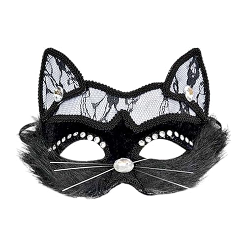 Halloween Maske Plastik Halloween Gesichtsschutz aus Spitze mit Katzenplüsch für Erwachsene und, schwarzer Gesichtsschutz aus Tierplüsch, Make-up, Tanz, Männer und Frauen, (Black, 19x14cm) von Fycakly
