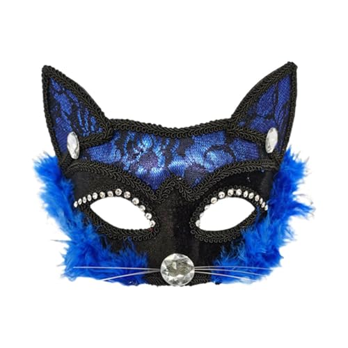 Halloween Maske Plastik Halloween Gesichtsschutz aus Spitze mit Katzenplüsch für Erwachsene und, schwarzer Gesichtsschutz aus Tierplüsch, Make-up, Tanz, Männer und Frauen, (Blue, 19x14cm) von Fycakly