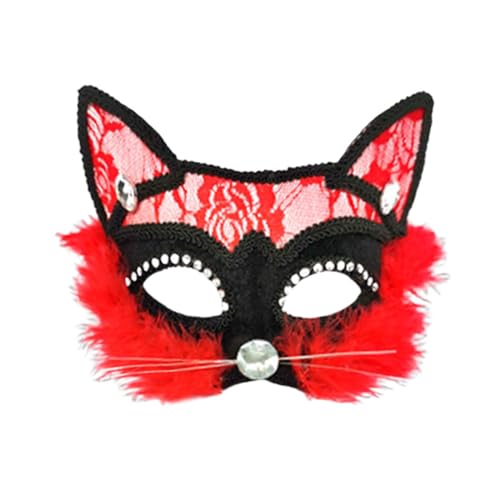 Halloween Maske Plastik Halloween Gesichtsschutz aus Spitze mit Katzenplüsch für Erwachsene und, schwarzer Gesichtsschutz aus Tierplüsch, Make-up, Tanz, Männer und Frauen, (Red, One Size) von Fycakly