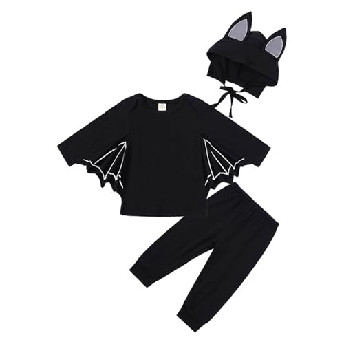 Kostüm Kinder Gruselig Halloween-Kostüm für Jungen, langärmelig, Fledermausflügel, 3-teiliges Set für Kinder, Kleinkinder, Jungen, Herbst/Winter, Party, Anziehen, Spielen (Black, 12-24 Months) von Fycakly