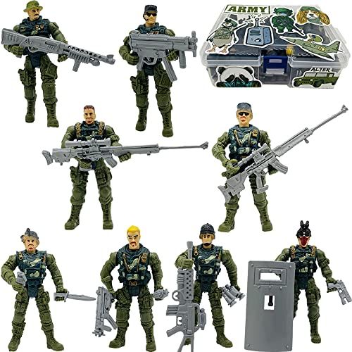 Fycooler Militär Soldaten Spielset Armymen Figuren mit 8 Army Ranger Actionfiguren und Waffenzubehör, Militärspielzeug Kampfspielzeug für Kinder Rollenspiele Geschenk mit 50 Stück Aufklebern von Fycooler