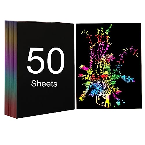 Fyearfly Scratchboard Kunst Kratzpapier, A4 Scratch Arts Malerei Papier Lasergravur Logo Handarbeiten Scratch Arts Zeichenpapier Kinder Spielzeug Geschenke (Magischer Regenbogen, 50 Blatt) von Fyearfly
