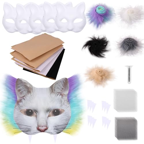 6 Stück Therian Mask Katzenmaske mit Blanko Katzenmaske Filzstücke Garn Wollstreifen DIY Furry Mask Geeignet für Maskerade Rollenspiele Halloween Karneval Weihnachten (A) von Fyeme
