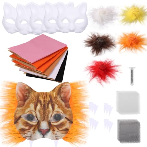 6 Stück Therian Mask Katzenmaske mit Blanko Katzenmaske Filzstücke Garn Wollstreifen DIY Furry Mask Geeignet für Maskerade Rollenspiele Halloween Karneval Weihnachten (B) von Fyeme