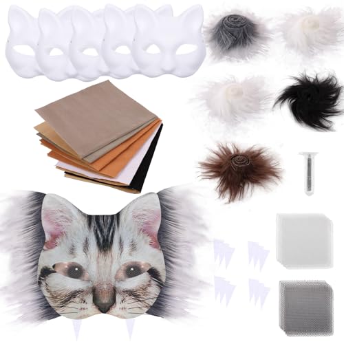 6 Stück Therian Mask Katzenmaske mit Blanko Katzenmaske Filzstücke Garn Wollstreifen DIY Furry Mask Geeignet für Maskerade Rollenspiele Halloween Karneval Weihnachten (C) von Fyeme