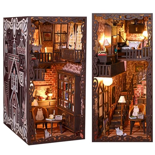 Book Nook DIY Kit Book Nook 3D Puzzle Holz Book Nook Miniatur Haus Kit Mit Musik und Sensorbeleuchtung Modellbausätze für Erwachsene zum Bauen zum Aufbau Kreativität Geschen (B) von Fyeme