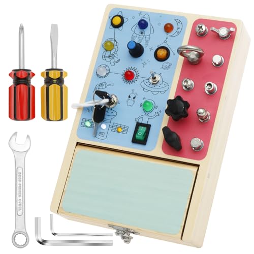 Busy Board ab 1 Jahr mit LED Leuchten 22.5*15*4.5cm Montessori Busy Board ab 1 Jahr mit Werkzeugkasten Sensorisches Interaktives Activity Board für Mädchen und Jungen Ab 1 2 3 4 Jahr (A) von Fyeme