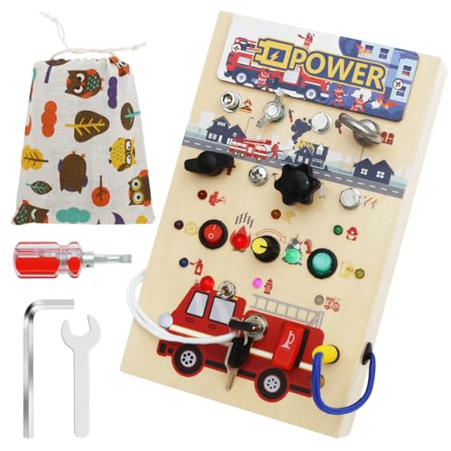 Busy Board ab 1 Jahr mit LED Leuchten 22.5*15*4.5cm Montessori Busy Board ab 1 Jahr mit Werkzeugkasten Sensorisches Interaktives Activity Board für Mädchen und Jungen Ab 1 2 3 4 Jahr (B) von Fyeme