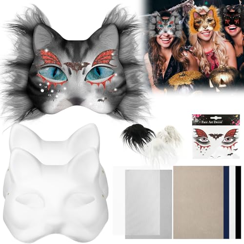 Fyeme Katzenmasken-Set 6 Stück DIY-Katzen Masken mit Blanko-Malmaske Schwarz-weiße Gaze Tieraufkleber Fellstreifen Filz für Weihnachtsfeier Theateraufführungen Rollenspiele (Grau) von Fyeme