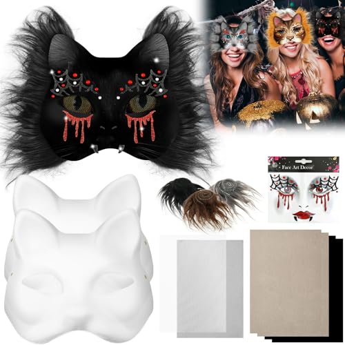 Fyeme Katzenmasken-Set 6 Stück DIY-Katzen Masken mit Blanko-Malmaske Schwarz-weiße Gaze Tieraufkleber Fellstreifen Filz für Weihnachtsfeier Theateraufführungen Rollenspiele (Schwarz) von Fyeme