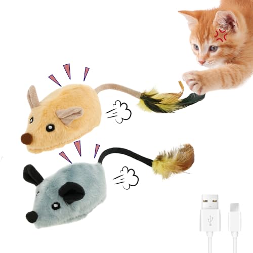 Katzenspielzeug Elektrisch Spielmaus mit Federschwanz Katzenspielzeug Maus Elektrisch mit LED Licht USB Realistische Mausgeräusche Interaktive Spielzeug Maus für Katze Hunde (Gelb+Grau) von Fyeme
