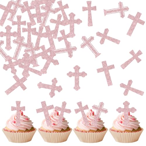 Fyeoxle Essbare Cupcake-Topper mit Kreuz, Gottessegen, Oblatenpapier, christliche Taufe, Kreuz, Cupcake-Picks für religiöses Thema, Babyparty, Geburtstag, Party, Kuchenzubehör (Roségold), 36 Stück von Fyeoxle