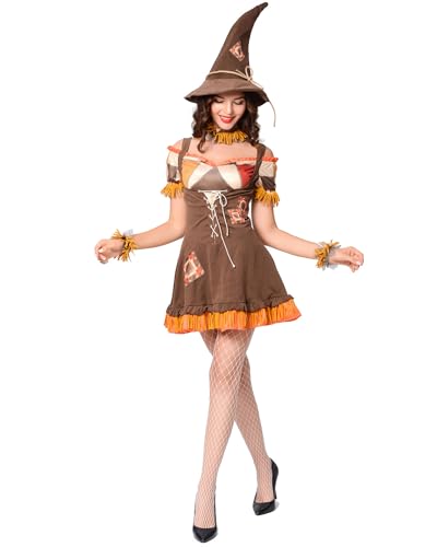 Frauen Halloween Hexe Kleid Anzug Tüll Patchwork Kleid Cosplay Kleid mit Schleier Hut Bühne Performance Dress Up Thema Party Kostüm von Fylovery
