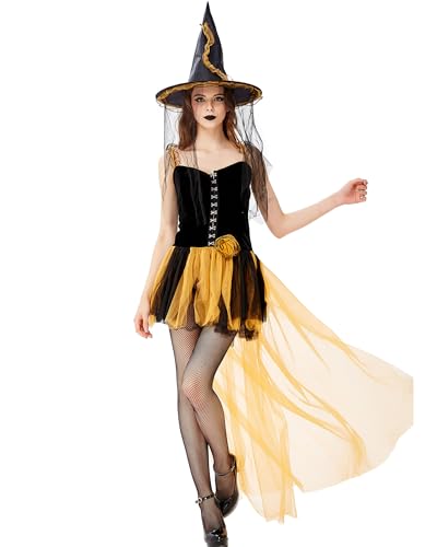 Frauen Halloween Hexe Kleid Anzug Tüll Patchwork Kleid Cosplay Kleid mit Schleier Hut Bühnenaufführung Dress Up Thema Party Kostüm (A-Gelb, L) von Fylovery