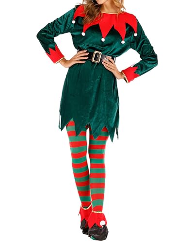 Weihnachtselfenkostüm-Set für Erwachsene, Weihnachtsmannmütze, Schuhe, Überzüge, lange, gestreifte, elastische Strümpfe, Kostümparty, Cosplay, Rollenspiel-Outfits (C-Mehrfarbig, XL) von Fylovery