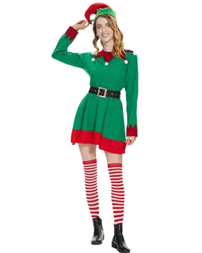 Weihnachtselfenkostüm für Erwachsene, Weihnachtsmannmütze, Schuhe, Überzüge, lange gestreifte, elastische Strümpfe, Kostümparty, Cosplay, Rollenspiel-Outfits (A-Grün, L) von Fylovery