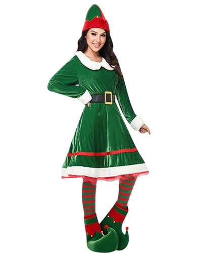 Weihnachtselfenkostüm für Erwachsene, Weihnachtsmannmütze, Schuhe, Überzüge, lange gestreifte, elastische Strümpfe, Kostümparty, Cosplay, Rollenspiel-Outfits (B-Grün, L) von Fylovery