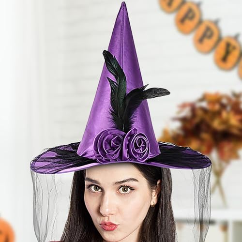 Fyrdyn Hexenhut - Hexen Hut Mit Breiter Krempe Halbschleier Und Blume,Tragbares Halloween Kostümzubehör Für Damen Karneval Fantasy Festival Fyrdyn Hexenhut - Hexen Hut Mit Breiter Krempe Halbschleier Und Blume,Tragbares Halloween Kostümzubehör Für Damen Karneval Fantasy Festival von Fyrdyn