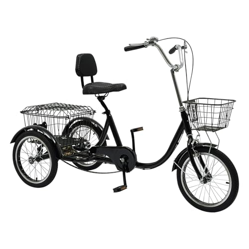 Senioren Dreirad Hochkohlenstoffstahl Fahrrad Dreirad Erwachsene Dreiräder mit Hochlehnsitz Einkaufskorb Geeignet für Erwachsene Senioren und Fahranfänger (Schwarz) von Fyssnn
