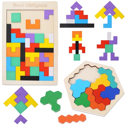 Fzyisw 2 Stück Tangram Kinder Tetris, Holz Tangram Puzzle, Tetris Puzzle und Hexagon Holzpuzzle für Kinder, Fördert Logisches Denken und Räumliche Vorstellungskraft, Montessori Spielzeug ab 3 Jahre von Fzyisw