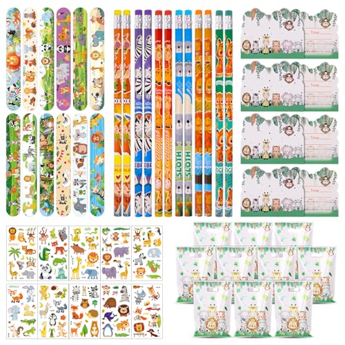 Fzyisw 54 Stück Dschungel Safari Mitgebsel Kindergeburtstag Gastgeschenke, 12 Tiere Bleistifte, 12 Schnapparmband, 10 Tier Kindertattoos, Geschenktüten und Einladungskarten für Jungen und Mädchen von Fzyisw