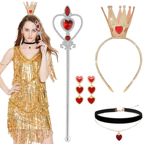 Fzyisw Königin Kostüm Zubehör, Prinzessin Zubehör Set, Rotes Herz Königin Kostüm mit Krone, Halskette, Ohrringe, Zauberstab für Frauen Mädchen Halloween Weihnachten Geburtstag Karneval Party Cosplay von Fzyisw
