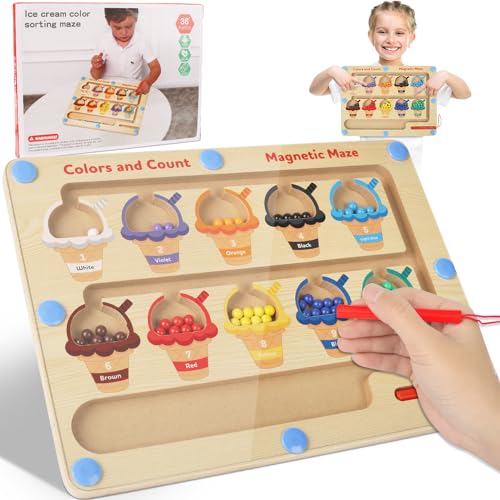 Fzyisw Montessori Spielzeug ab 2 3 4 5 6 Jahre, Magnetspiel Labyrinth Holzspielzeug - Zahlen und Farben Lernspiele Sortierspiel, Magnete Kinder Motorikspielzeug Geschenk für Mädchen und Jungen von Fzyisw