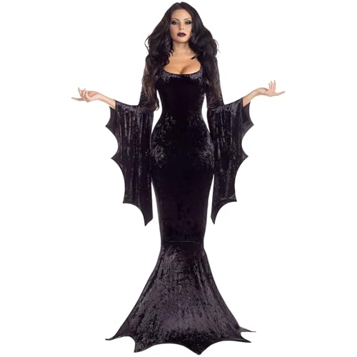 G-LIKE Halloween Hexe Damen Kleid - Fledermaus Kostüm Kleidung mit breiten Ärmeln Zipfel für Allerheiligen Party Maskerade Cosplay Karneval Rollenspiel Bühnenstück Göttin Vampir (Schwarz, XL) von G-LIKE