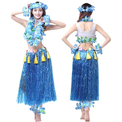 G-LIKE Hula Tanz Kleid Kostüm - Hawaii Tanzkleid Grasrock Zubehör Sexy Outfit Kleidung Set Verzierung Quasten Blumen Party Cosplay Maskerade Strandurlaub für Damen Mädchen - Kunststoff 8 In 1 (Blau) von G-LIKE