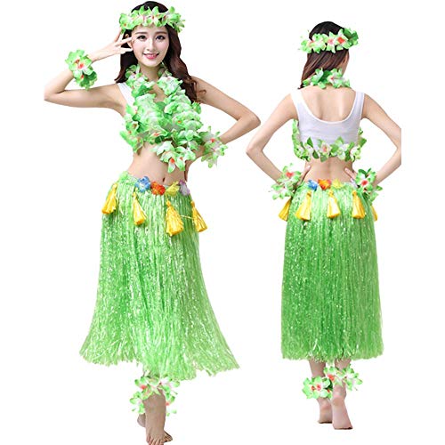 G-LIKE Hula Tanz Kleid Kostüm - Hawaii Tanzkleid Grasrock Zubehör Sexy Outfit Kleidung Set Verzierung Quasten Blumen Party Cosplay Maskerade Strandurlaub für Damen Mädchen - Kunststoff 8 In 1 (Grün) von G-LIKE