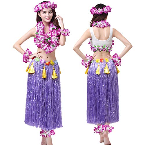 G-LIKE Hula Tanz Kleid Kostüm - Hawaii Tanzkleid Grasrock Zubehör Sexy Outfit Kleidung Set Verzierung Quasten Blumen Party Cosplay Maskerade Strandurlaub für Damen Mädchen - Kunststoff 8 In 1 (Lila) von G-LIKE