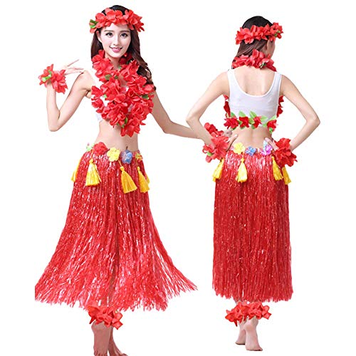 G-LIKE Hula Tanz Kleid Kostüm - Hawaii Tanzkleid Grasrock Zubehör Sexy Outfit Kleidung Set Verzierung Quasten Blumen Party Cosplay Maskerade Strandurlaub für Damen Mädchen - Kunststoff 8 In 1 (Rot) von G-LIKE