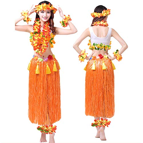 G-Like Hula Tanz Kleid Kostüm - Hawaii Tanzkleid Grasrock Zubehör Sexy Outfit Kleidung Set Verzierung Quasten Blumen Party Cosplay Maskerade Strandurlaub für Damen Mädchen - Kunststoff 8 In 1 (Orange) von G-LIKE