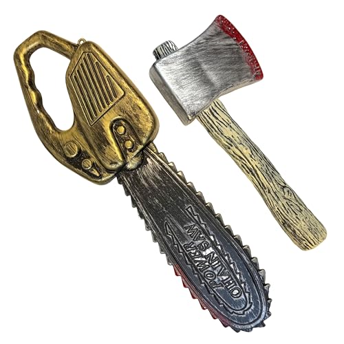 G-LOVELY'S Halloween Fake Kostüm Kettensäge Prop & Axt Prop Waffen Set - Realistische Blutige Plastikwaffen für Gruseliges Cosplay, Sichere Terror-Dekorationen von G-LOVELY'S