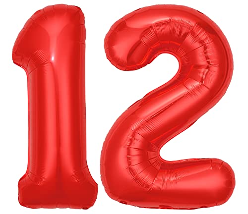 Folienballon Zahl 12 Rot XL ca. 72 cm hoch - Zahlenballon / Luftballon für Geburtstagsparty, Jubiläum oder sonstige feierliche Anlässe (Nummer 12) von G&M