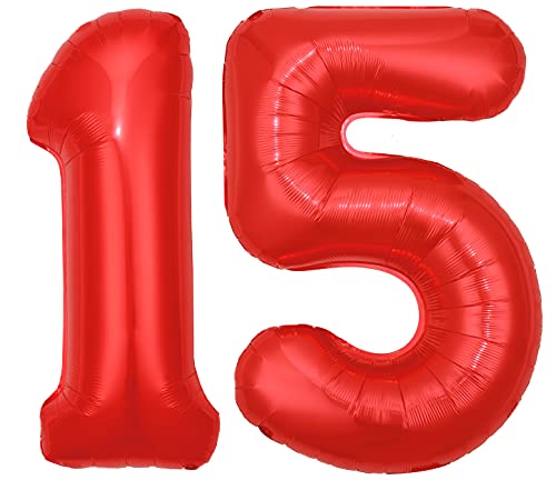 Folienballon Zahl 15 Rot XL ca. 72 cm hoch - Zahlenballon/Luftballon für Geburtstagsparty, Jubiläum oder sonstige feierliche Anlässe (Nummer 15) von G&M