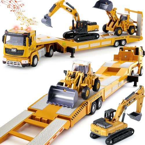 G.C Baufahrzeuge Kinder 1: 40 LKW Spielzeug mit Bagger Bulldozer, Langes Baustellenfahrzeuge Autotransporter Lastwagen mit Licht und Sound Kinder Spielzeug Geschenk für Junge 3 4 5 6 Jahre von G.C
