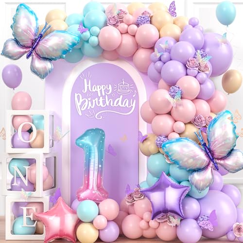 G.C Deko 1. Geburtstag Mädchen Schmetterlinge Luftballon Girlande Schmetterlinge Deko Geburtstag mit Ballon Girlande Ballonbox für Schmetterling Geburtstagsdeko Mädchen Baby Shower Party Deko von G.C