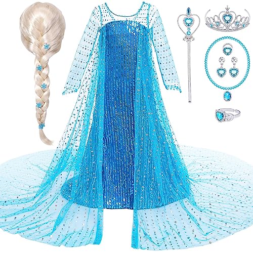 G.C Elsa-Kostüm für Mädchen, Prinzessinnenkostüm, langer Umhang, Krone, Zauberstab, Schmuck, Halskette, Zubehör, Halloween, Cosplay, Geburtstagsparty-Zubehör von G.C